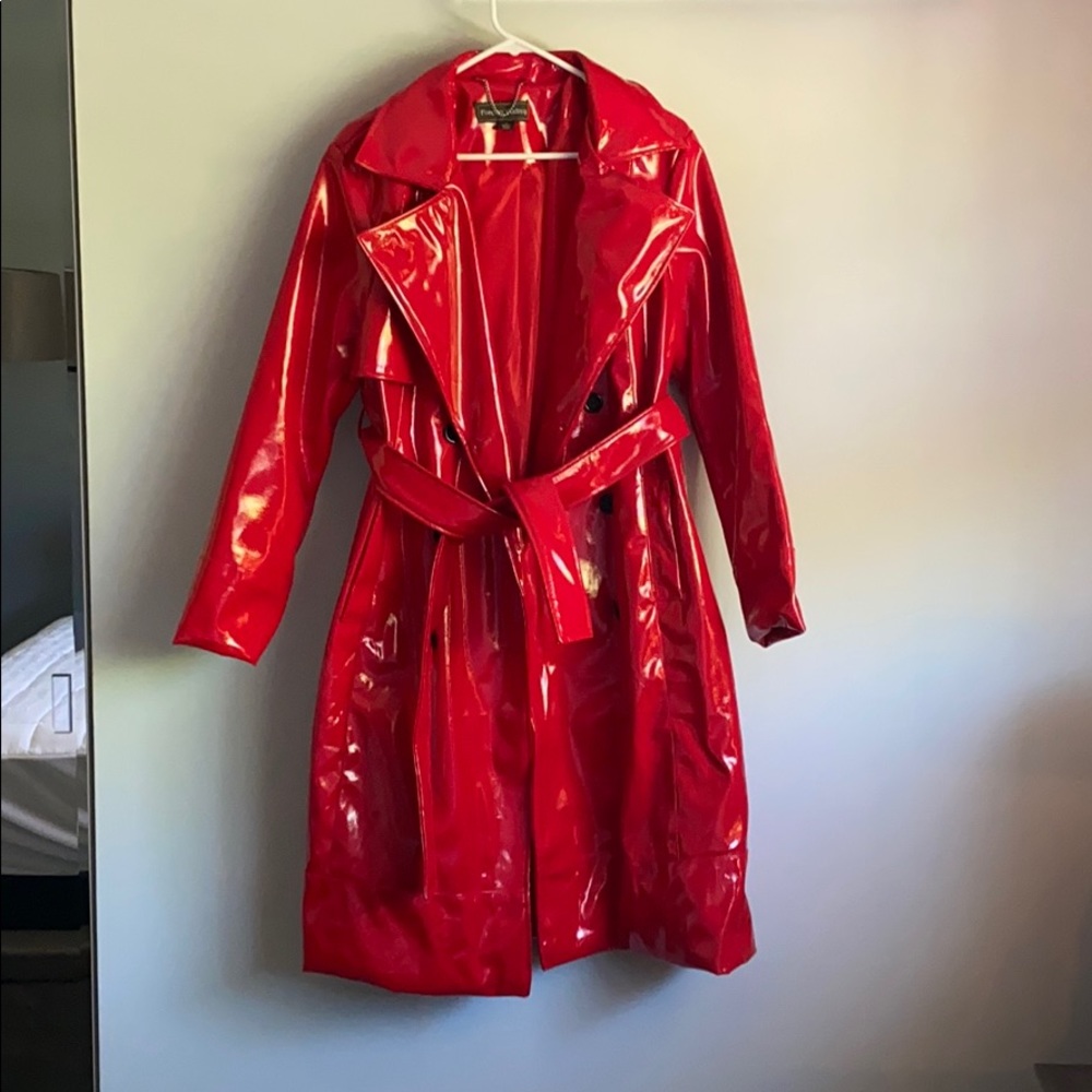 RED POLYESTER TRENCH COAT